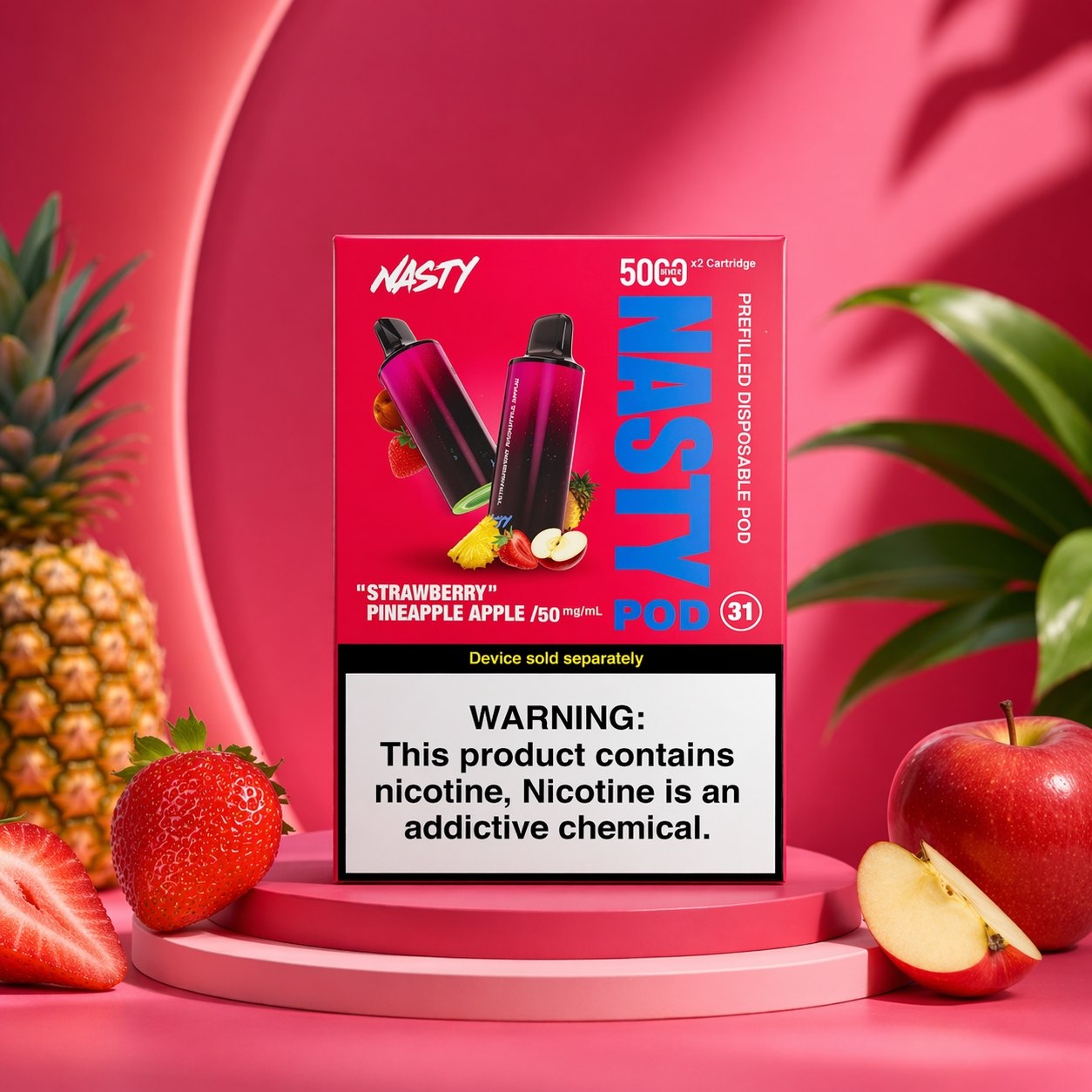 NASTY 5000 (1x et 2x)POD STRAWBERRY PINEAPPLE APPLE 50Mg sur Ml