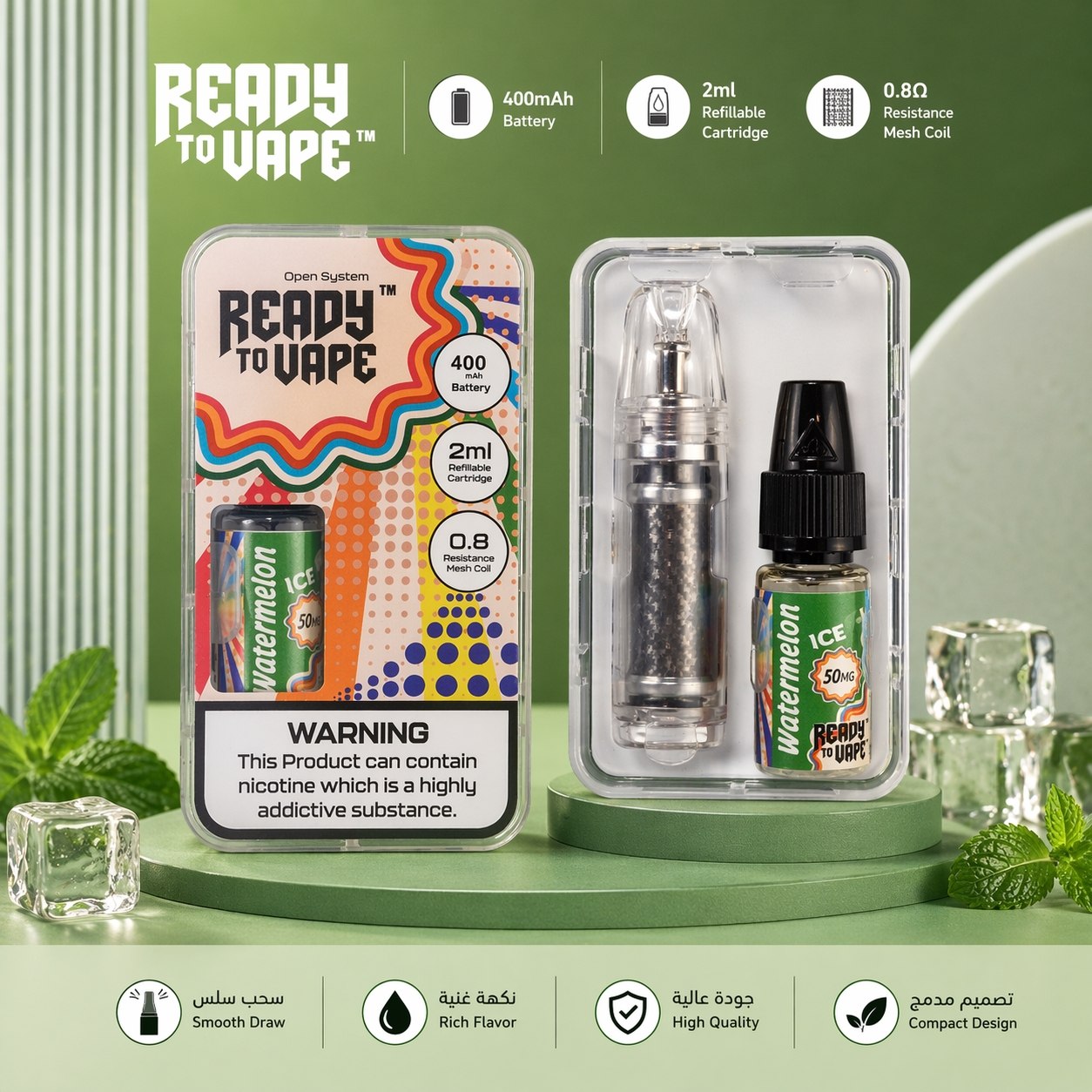 READY TO VAPE OPEN SYSTEME 2 Ml 0.8 RESISTANCE WATERMELON ICE